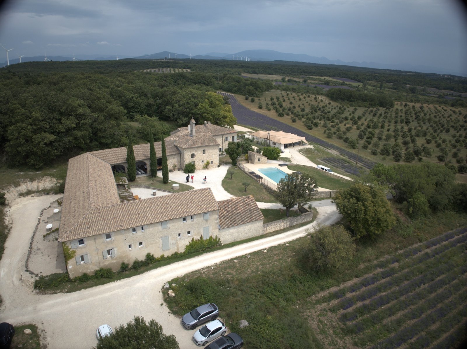 Le mas vu du ciel, sa piscine, ses oliviers et ses rangs de lavande